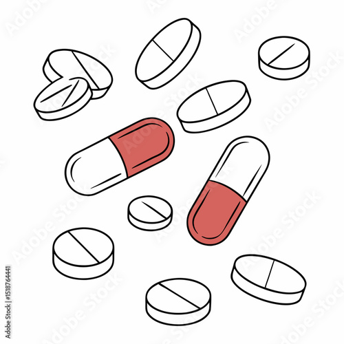 Assorted pills and capsules falling, simple line art