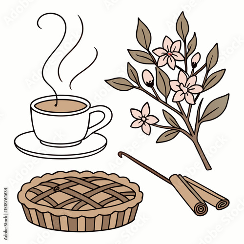 A steaming cup of coffee beside a flowering branch