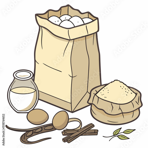 A paper bag filled with round objects, next to a liquid in a jar and a bowl of granular substance