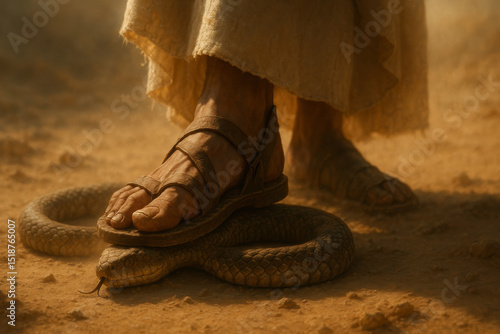Victory Over Evil – Biblical Sandaled Foot Crushing the Serpent in Desert Dust