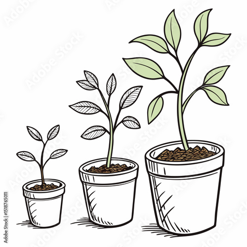 Three potted plants in various growth stages, illustrating the process of growth from seedling to mature plant