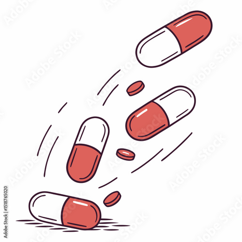 Capsules and tablets falling, dynamic illustration