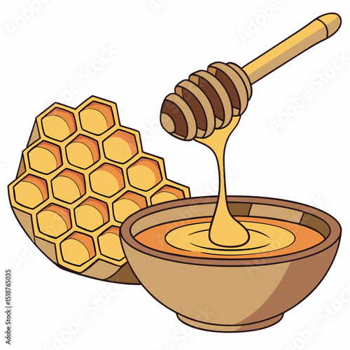 Honey dripping from a wooden dipper into a bowl next to a honeycomb