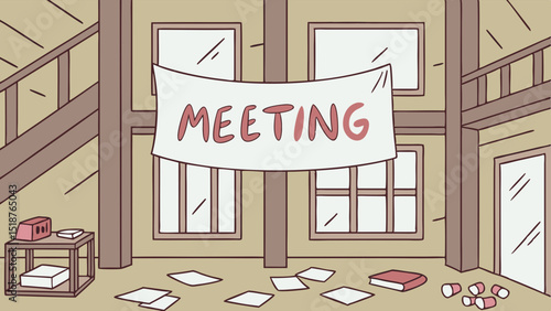 A meeting room with scattered papers, a book, and a banner