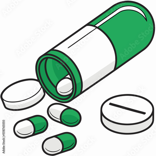 An illustration of a pill bottle with pills spilling out.  Green container, white pills