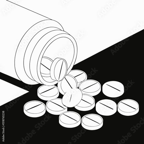 Spilled pills from an overturned container, depicted in a simple black and white line drawing style, against a contrasting background