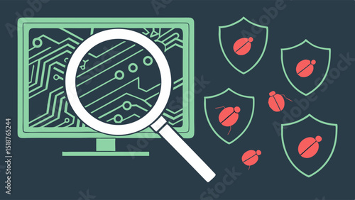 Computer screen with magnifying glass over circuit board, and bugs within protective shields