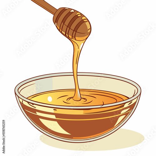 Golden honey pours from a wooden dipper into a glass bowl