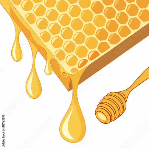 Honeycomb with dripping honey and a honey dipper