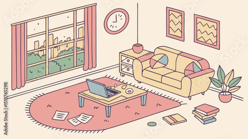 Cozy living room with laptop, sofa, and city view