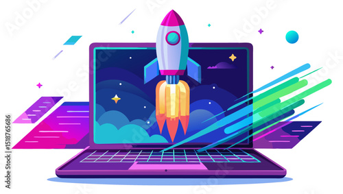 A vibrant illustration depicting a rocket launching from a laptop screen, symbolizing fast technology, innovation, and digital progress.
