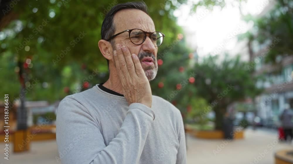 Man experiencing toothache in urban park, mature male with glasses holding face in pain, surrounded by greenery and city background on a sunny day. Man experiencing toothache in urban park, mature male with glasses holding face in pain, surrounded by greenery and city background on a sunny day.