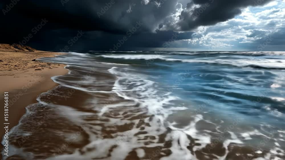 Stormy ocean waves crash on the sandy beach under a dramatic dark sky ...