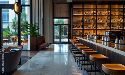 Upscale Interior View with Yellow Armchairs Marble Floors and a Bar in a Hotel with Patio Setting for Modern