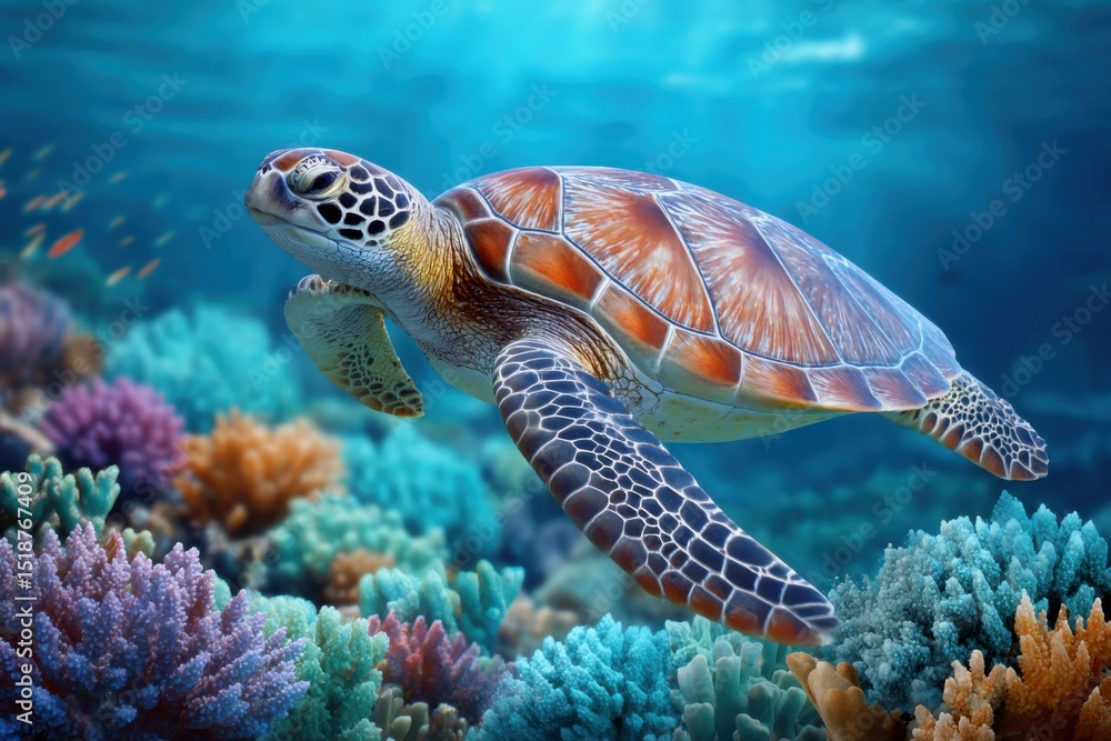 Fototapeta premium Ocean environmental restoration concept. A sea turtle swims gracefully above vibrant coral reefs in clear blue ocean water.