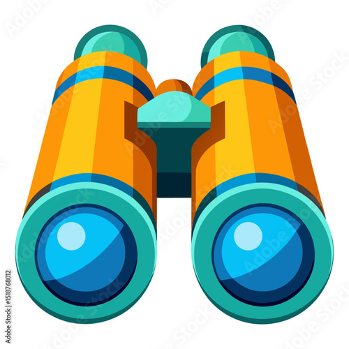 a vibrant cartoon illustration of a pair of orange and teal binoculars, viewed from the front. It symbolizes observation, searching, exploration, and looking into the distance.