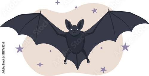 Bat flying with spread wings in night sky surrounded by stars simple vector illustration 