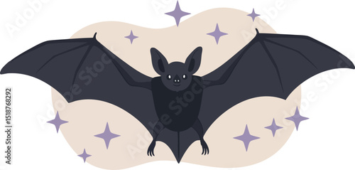 Black bat flying with purple stars and beige background vector illustration in simple cartoon style 
