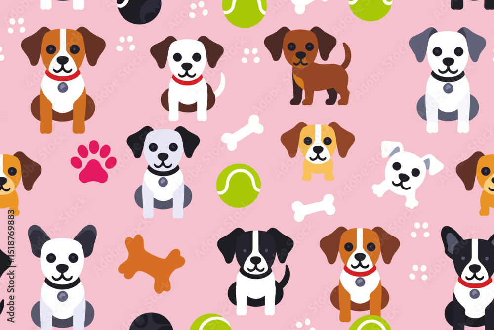 Cute Puppy Pattern Background - Cartoon Dog Illustration - Adorable Pet Design on Pink - Dog Bones and Tennis Balls Graphic Cute Puppy Pattern Background - Cartoon Dog Illustration - Adorable Pet Design on Pink - Dog Bones and Tennis Balls Graphic