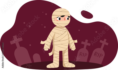 Halloween mummy character in graveyard with tombstones and spooky background illustration vector 