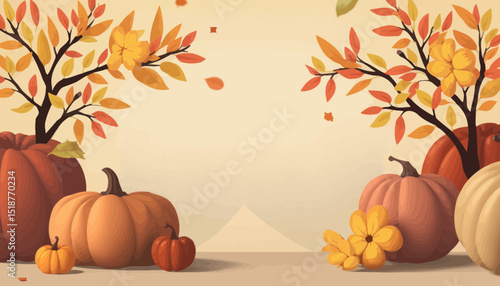 Autumnal Pumpkins and Trees with Falling Leaves