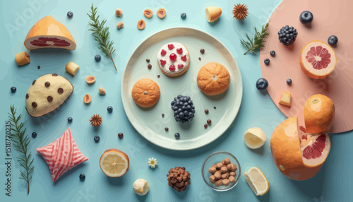 Colorful Pastries and Fruits Flatlay on Blue Background