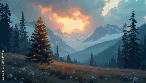 Illuminated Christmas Tree in a Mountainous Sunset Landscape