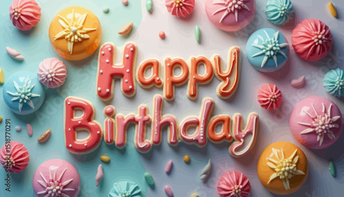 Happy Birthday Cake with Pastel Cookies and Sprinkles