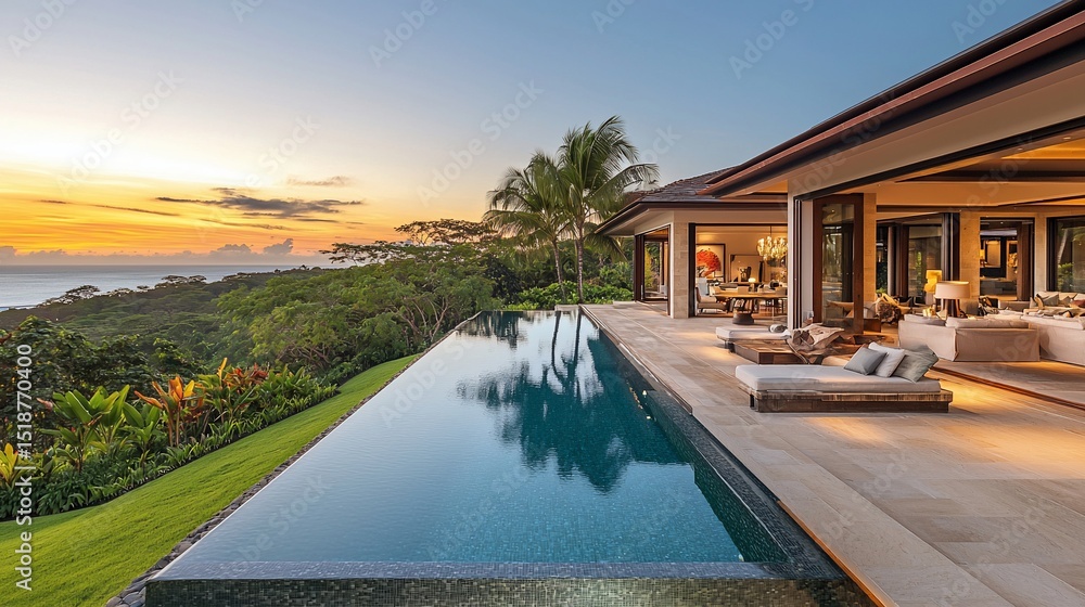 Fototapeta premium Sunset view luxury home with infinity pool and expansive patio