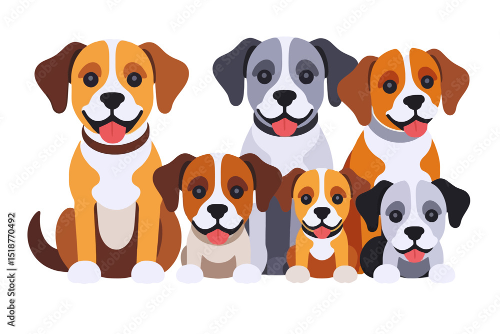 Fototapeta premium Cute Cartoon Puppies Vector Illustration-Happy Dog Breed Group-Ideal for Kids Designs-Animal Lovers-Perfect for Pet-Themed Projects-Playful Puppy Pack Graphics