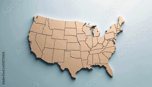 Three Dimensional Beige United States Map on Light Blue Background