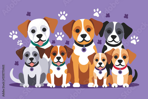 Cute Cartoon Puppies Illustration-Adorable Dog Breeds with Purple Background-Fun Animal Art for Kids-Pet Lover Gifts-Colorful Dog Design