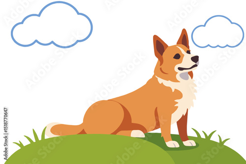 Cartoon Corgi Dog Illustration-Cute Puppy Sitting on Green Hill-Adorable Pet with Clouds in Sky-Vector Graphic for Kids and Animal Lovers