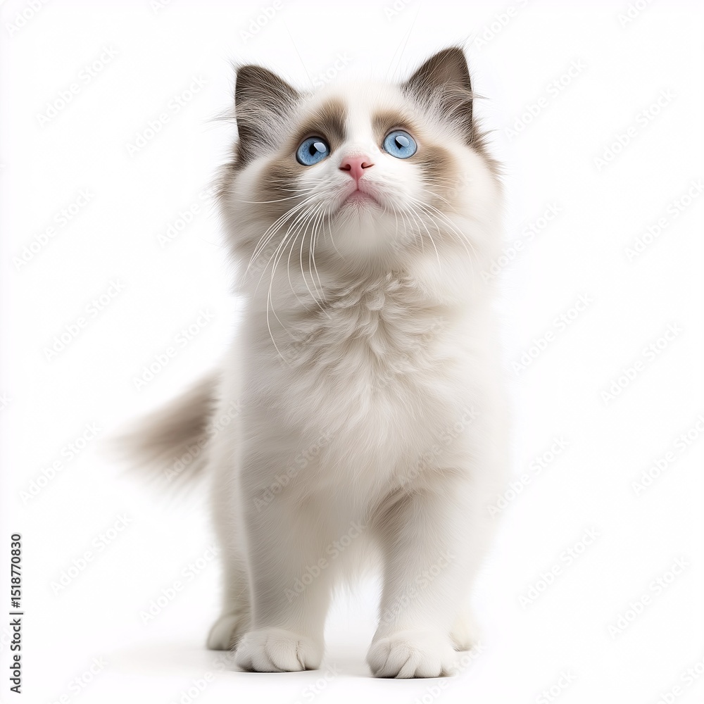 Fototapeta Adorable Blue-Eyed Ragdoll Kitten. Cute and Curious Furry Feline on White Background