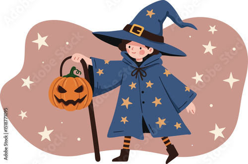 Child witch costume holding pumpkin lantern with starry cloak Halloween theme vector illustration 