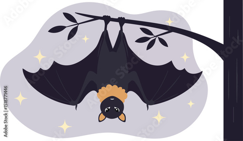Bat hanging upside down on tree branch with stars in purple night sky vector illustration 