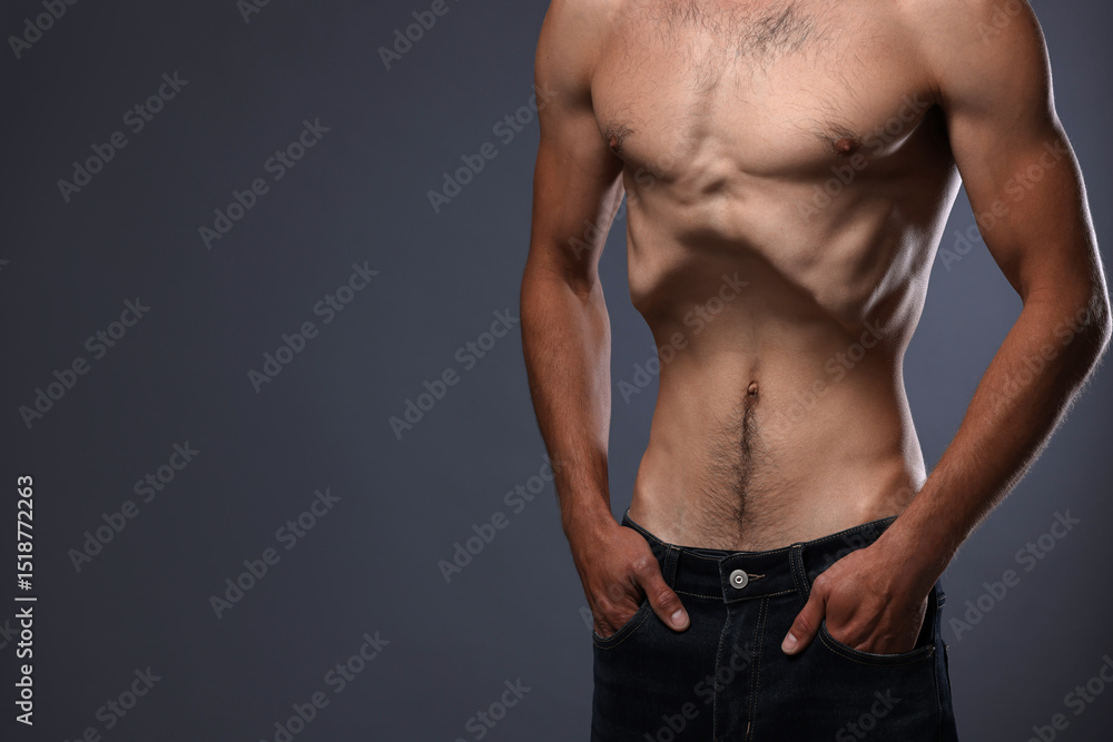 Fototapeta premium Man suffering from anorexia on grey background, closeup. Space for text
