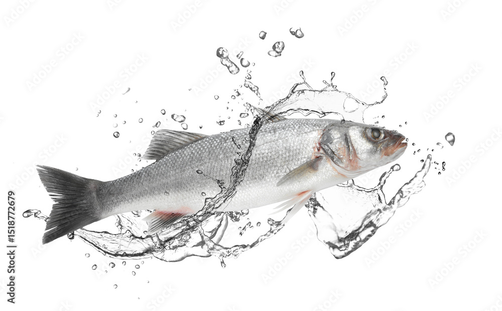 Obraz premium Sea bass fish in water splashes on white background