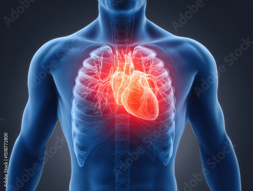 Human chest anatomy with highlighted heart showing cardiovascular system and rib cage in blue and red glow