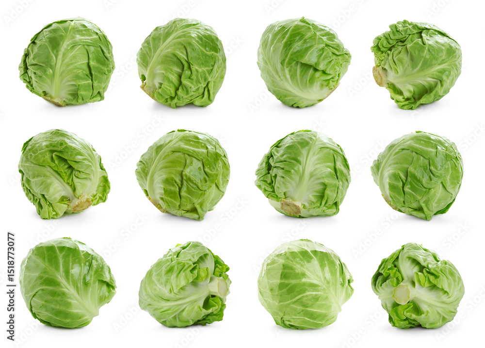 Fresh ripe cabbages on white background, collage Fresh ripe cabbages on white background, collage