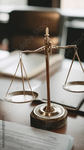 Golden scales of justice balance on wooden desk with papers and pen in a legal office setting with warm lighting.