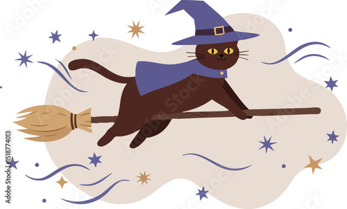 Black cat flying on broomstick wearing purple hat and cape with stars magical fantasy illustration 