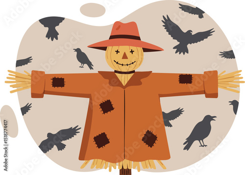 Scarecrow with Orange Coat and Red Hat Surrounded by Black Crows Vector Illustration 