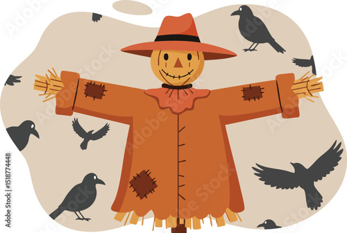 Scarecrow with orange clothing and black crows flying around in autumn setting vector illustration 