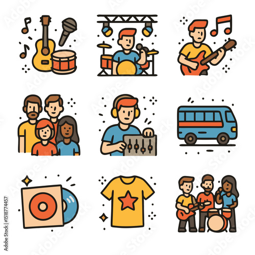 Music Icon Set: A vibrant collection of icons showcasing musical instruments, performers, and related elements, perfect for design projects with a melodic theme.
