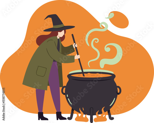 Witch stirring a boiling cauldron with magical steam in orange background vector illustration 