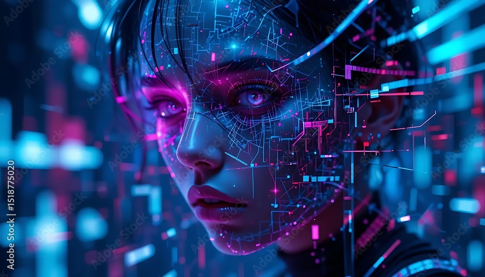 A striking portrait of a woman with glowing eyes and intricate circuit patterns on her face, rendered in neon blue and pink, embodying a cyberpunk or futuristic AI aesthetic. A striking portrait of a woman with glowing eyes and intricate circuit patterns on her face, rendered in neon blue and pink, embodying a cyberpunk or futuristic AI aesthetic.