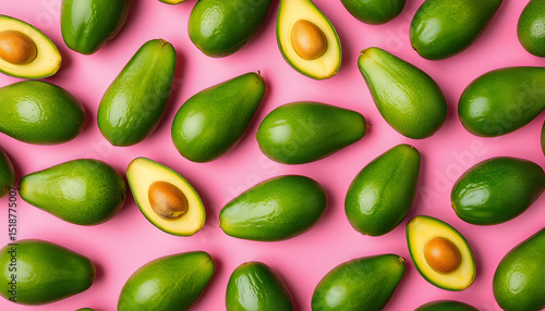 Wallpaper Mural Vibrant avocado print on soft pink backdrop. Overhead shot. Bold banner. Playful pop art, fresh summer food theme. Lush green avocados, clean minimalist flat lay., pop-art. isolated with white highl Torontodigital.ca