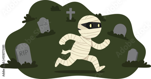 Running mummy character in graveyard with tombstones and dark green bushes Halloween vector illustration 