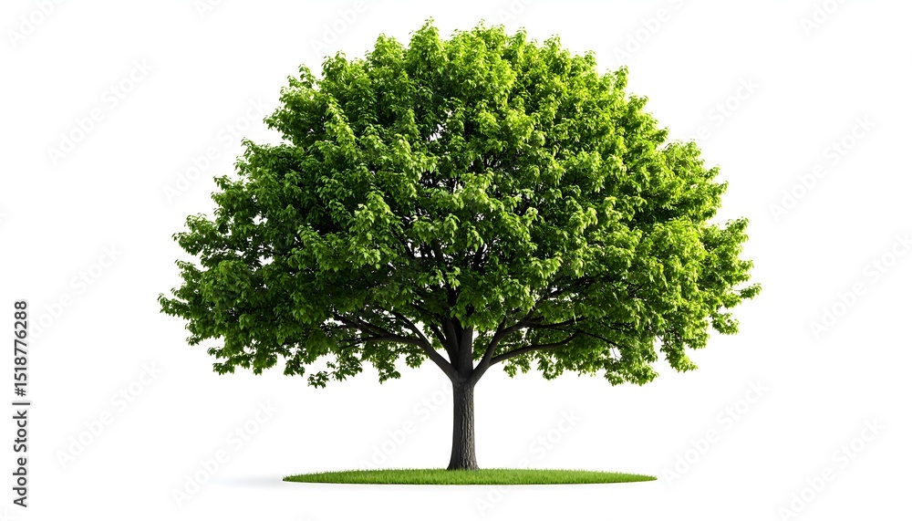 Fototapeta premium Realistic green deciduous tree isolated on white background, full foliage, detailed branches and leaves